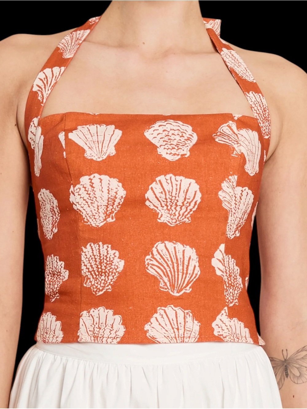 Few Moda Kourt Linen Dixie Top Orange Seashell Print Resort Travel Halter NWT
